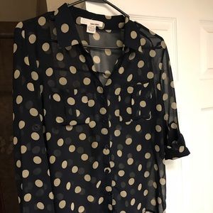 Sheer navy blouse with tan polka dots